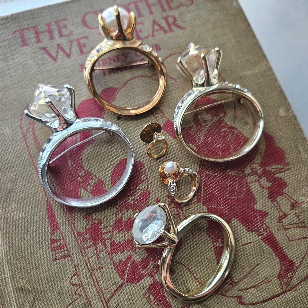6pc Lot Oversized Engagement Ring Brooches Pins Faux Diamond Pearl Gold Silver